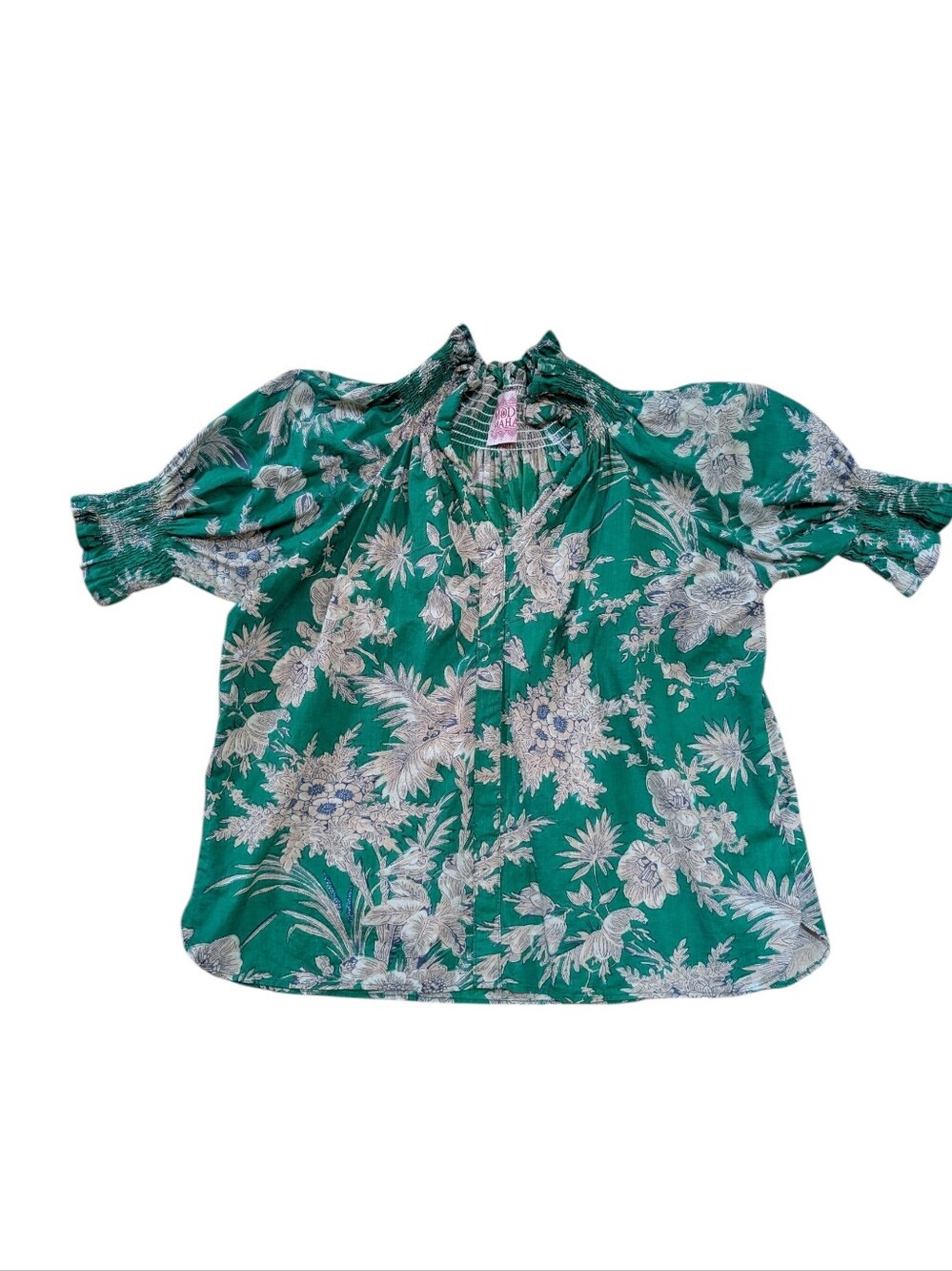 Mod's Mahal Sally Top 100% Cotton Block Print Blouse Green Cream Floral One Size
